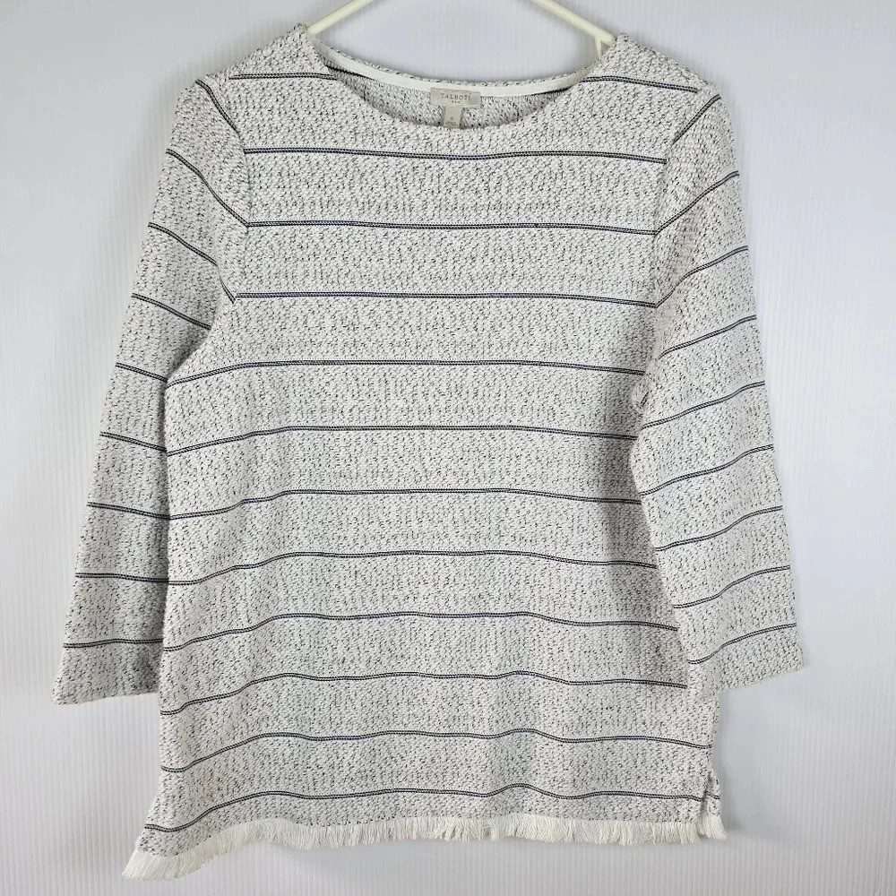 Talbots Sweater Size XL Womens White Navy Fringe Hem Boat Neck Knit Pullover S
